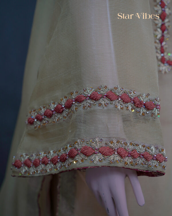 Light Golden 3-Piece Khadi Net with Zardozi & Dabka Work - Image 5