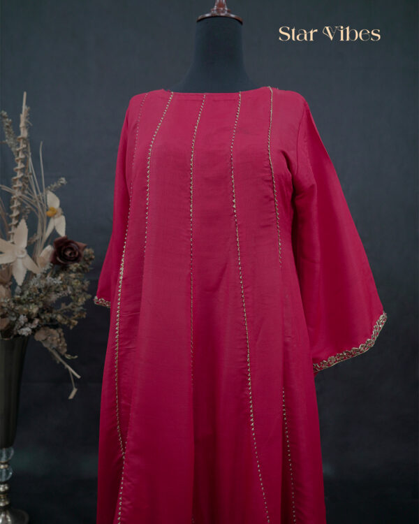 Red raw silk frock with handcrafted zardozi and gota kinari work – Star Vibes party wear
