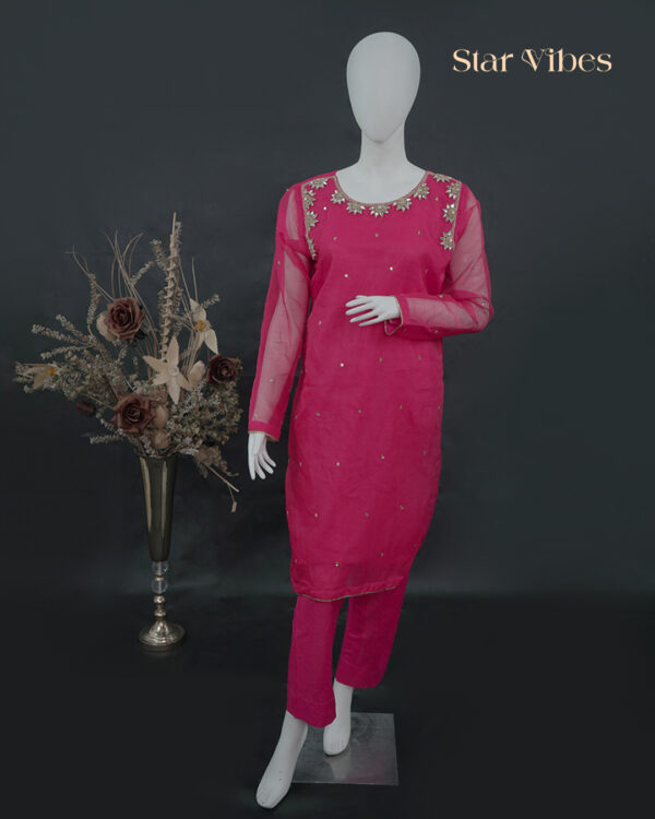 Shocking Pink 3-piece khadi net dress with zardozi, crystal, and sitara work – Star Vibes Clothing