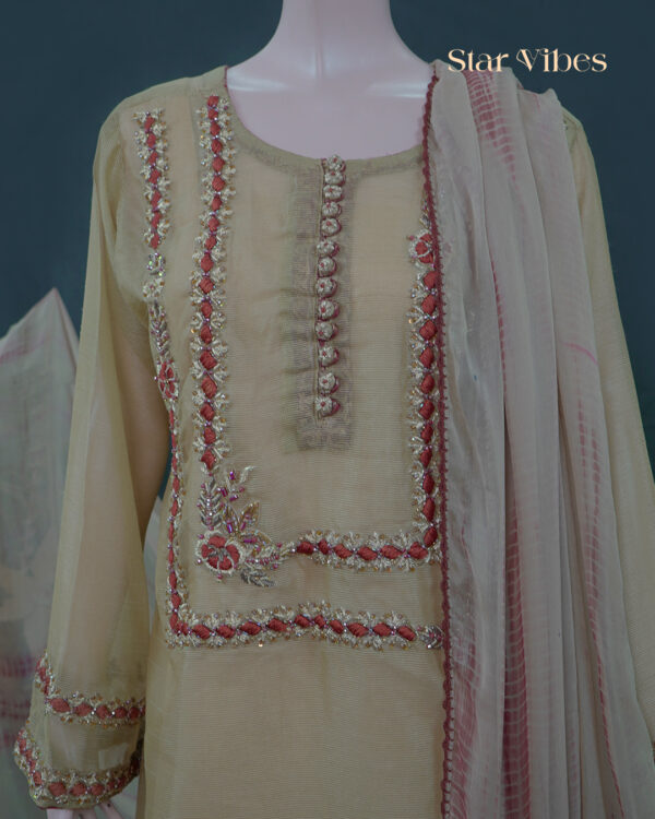 Light Golden 3-Piece Khadi Net with Zardozi & Dabka Work - Image 6