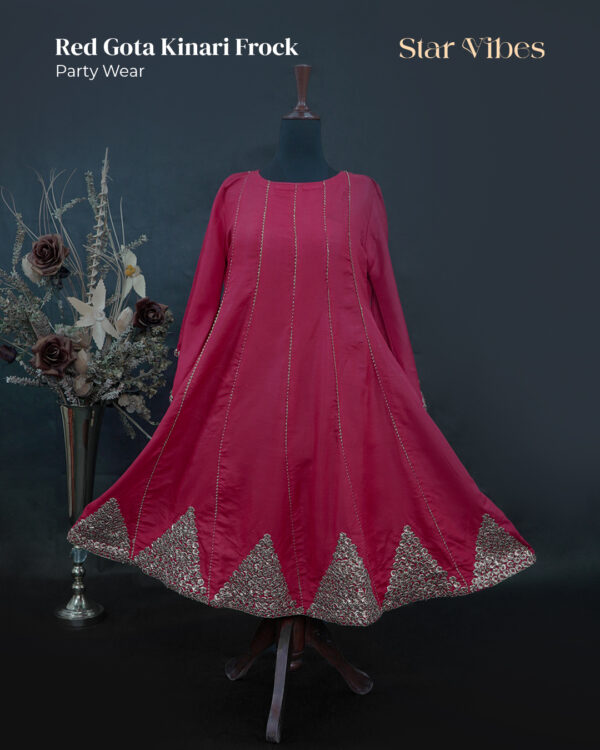 Red raw silk frock with handcrafted zardozi and gota kinari work – Star Vibes party wear