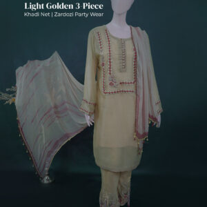 Light golden 3-piece Khadi net outfit with zardozi, dabka, resham, crystal, cut dana, sitara work, featuring tie-dye dupatta and maroon crystal tassel trousers – Star Vibes Pakistani party wear.
